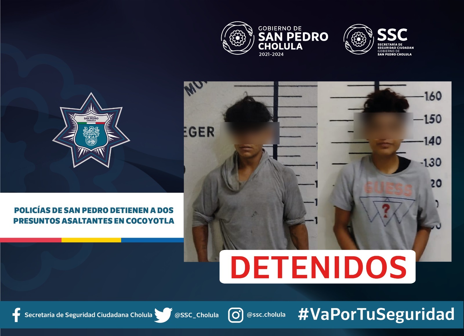 Policías de San Pedro Cholula detienen a dos presuntos asaltantes en Cocoyotla 
