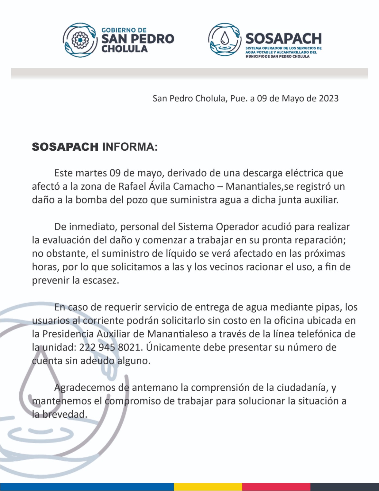 Sosapach trabaja para solucionar a la brevedad bomba del pozo de Manantiales