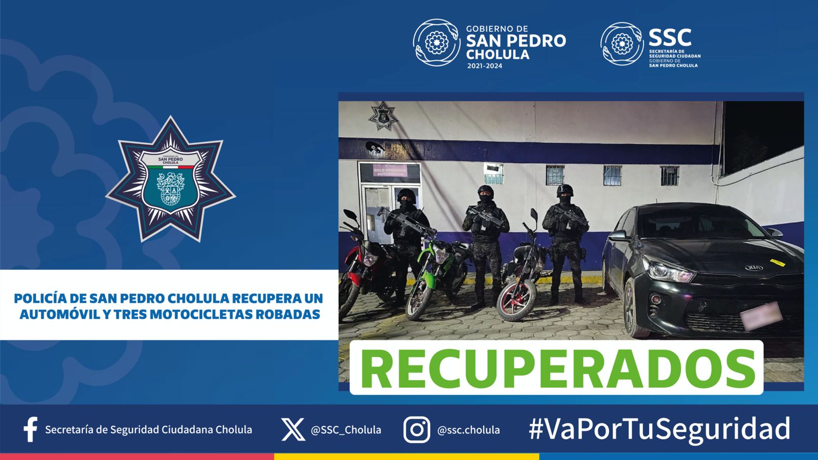 Policía de San Pedro Cholula recupera un automóvil y tres motocicletas robadas