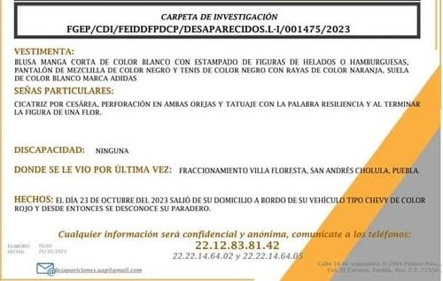 Emite FGEP ficha de búsqueda de María Fernanda Mier Canseco 