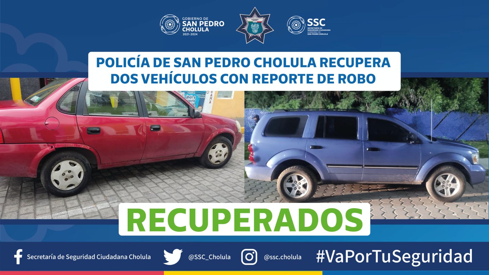 Policía de San Pedro Cholula recupera dos vehículos con reporte de robo 