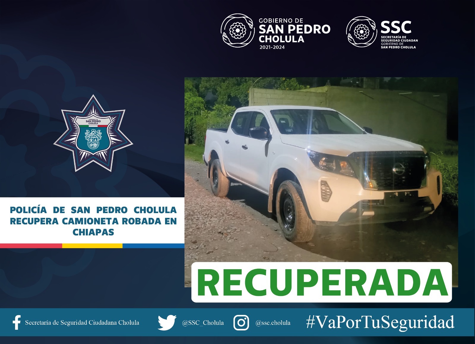 Policía de San Pedro Cholula recupera camioneta robada en Chiapas