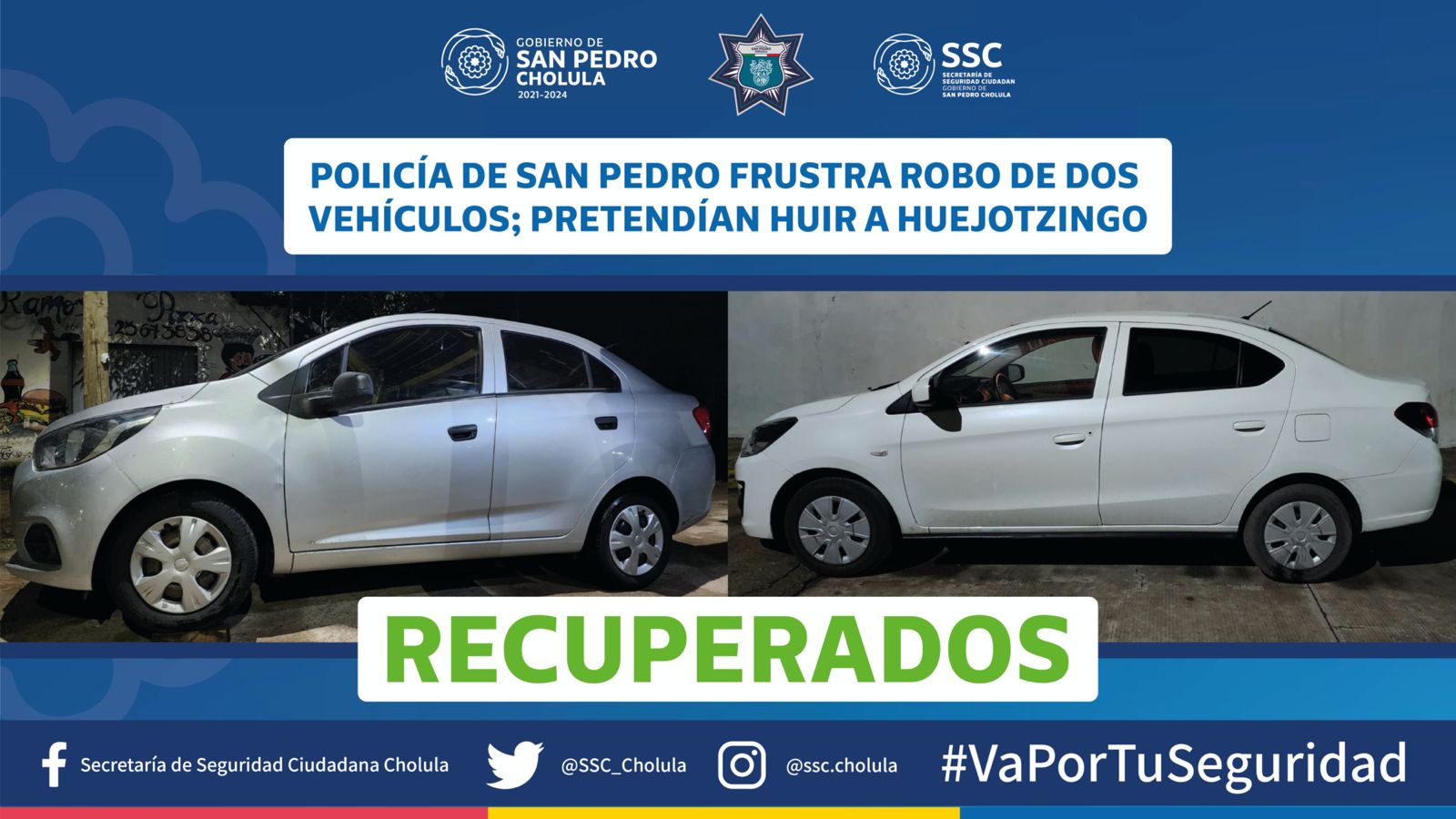 Policía de San Pedro frustra robo de dos vehículos; pretendían huir a Huejotzingo