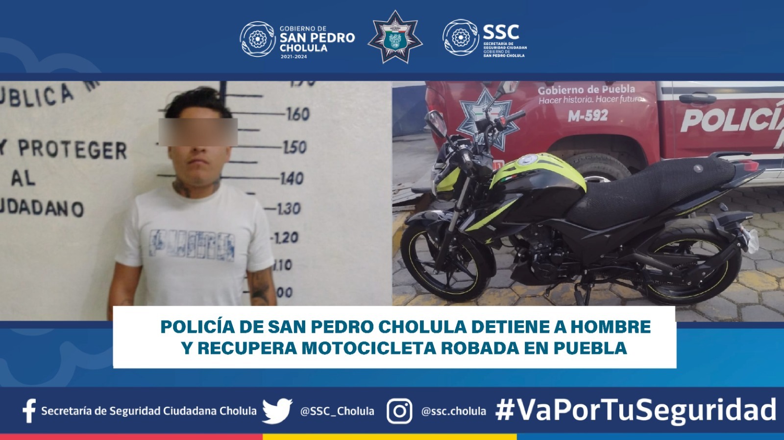 Policía de San Pedro Cholula detiene a hombre y recupera motocicleta robada en puebla 