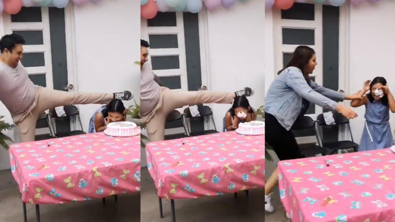 ¿Feliz cumpleaños? Padre arroja a su hija al pastel con una patada (Vídeo)
