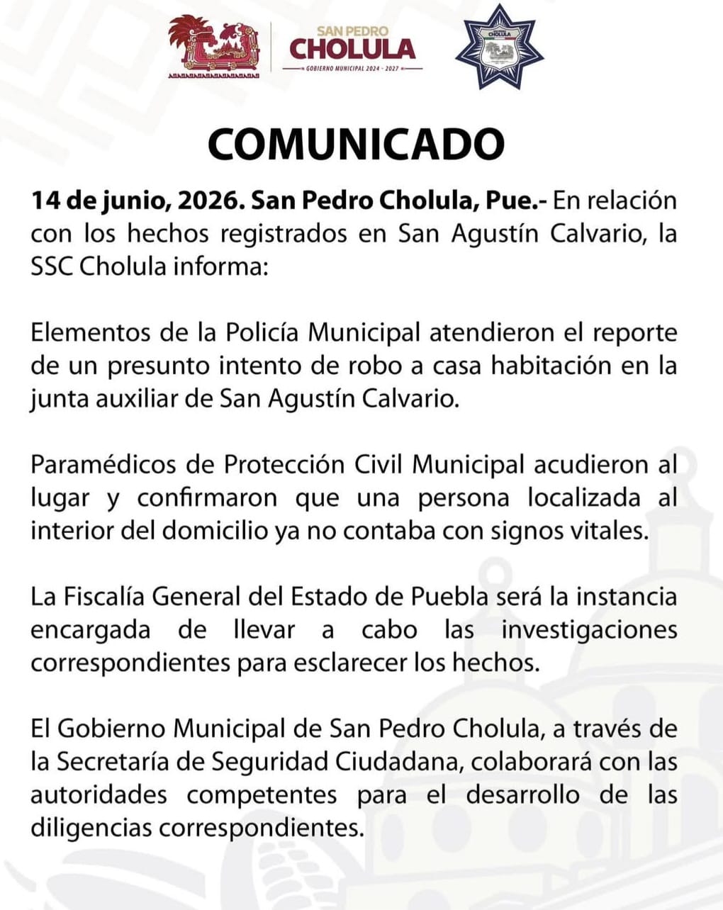 Presunto ladrón muere dentro de una vivienda tras aparente intento de robo en San Agustín Calvario
