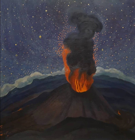 Volcán en la noche estrellada