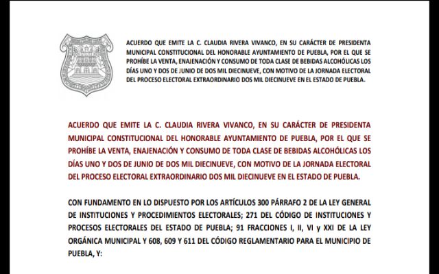 Sí habrá Ley Seca en Puebla este fin de semana
