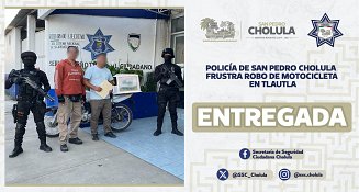 Policía de San Pedro Cholula frustra robo de motocicleta en Tlautla 