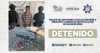 Policía de San Pedro Cholula detiene a presunto ladrón de motocicletas en Zacapechpan 