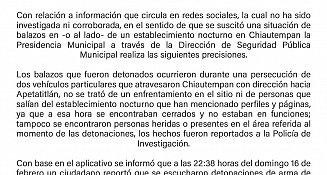 Ayuntamiento de Chiautempan niega balacera en centro nocturno; aclara que fue persecución entre vehículos