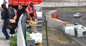 Vecinos de Ecatepec aprovechan volcadura de tráiler para llevarse pollo congelado