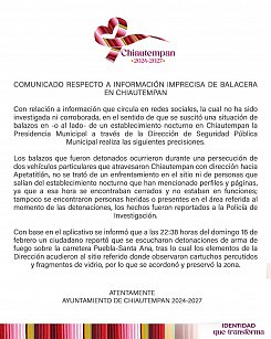 Ayuntamiento de Chiautempan niega balacera en centro nocturno; aclara que fue persecución entre vehículos