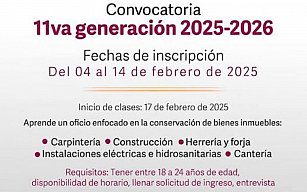 Inscripciones abiertas para la Onceava Generación de la Escuela Taller de Restauración en Puebla