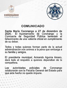 Lamenta Ayuntamiento de Coronango el fallecimiento de valiente oficial