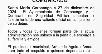 Lamenta Ayuntamiento de Coronango el fallecimiento de valiente oficial