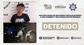 Policías viales de San Pedro Cholula detienen a dos hombres y recuperan motos robadas