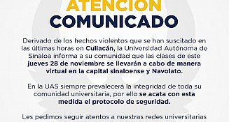 UAS suspende clases presenciales en Culiacán y Navolato por violencia