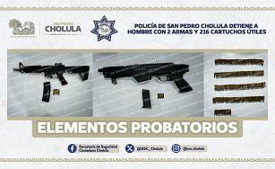 Policía de San Pedro Cholula detiene a hombre con 2 armas y 216 cartuchos útiles