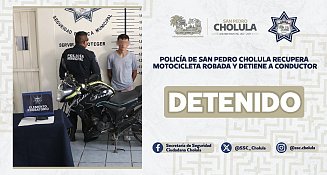 Policía de San Pedro Cholula recupera motocicleta robada y detiene a conductor