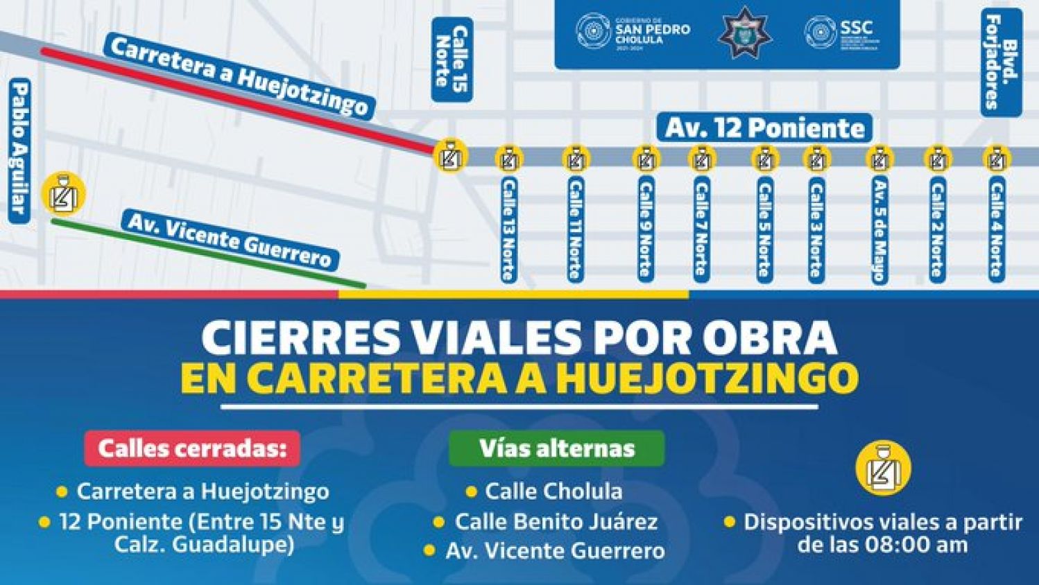 Anuncian cierre temporal en la 12 poniente de San Pedro Cholula por obras de carretera a Huejotzingo