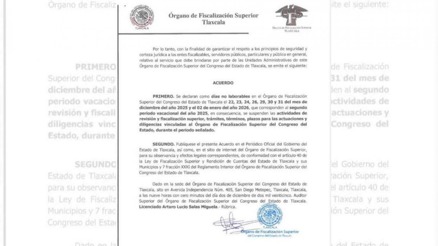 OFS de Tlaxcala suspende fiscalización y plazos legales por vacaciones 2025