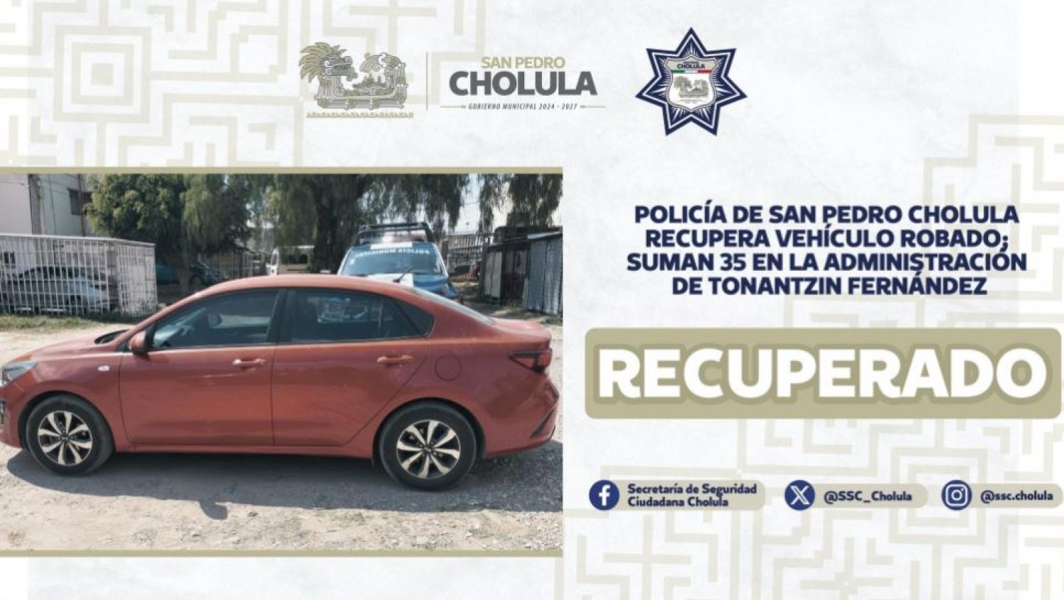 San Pedro Cholula recupera 35 autos robados y detiene a 12 personas