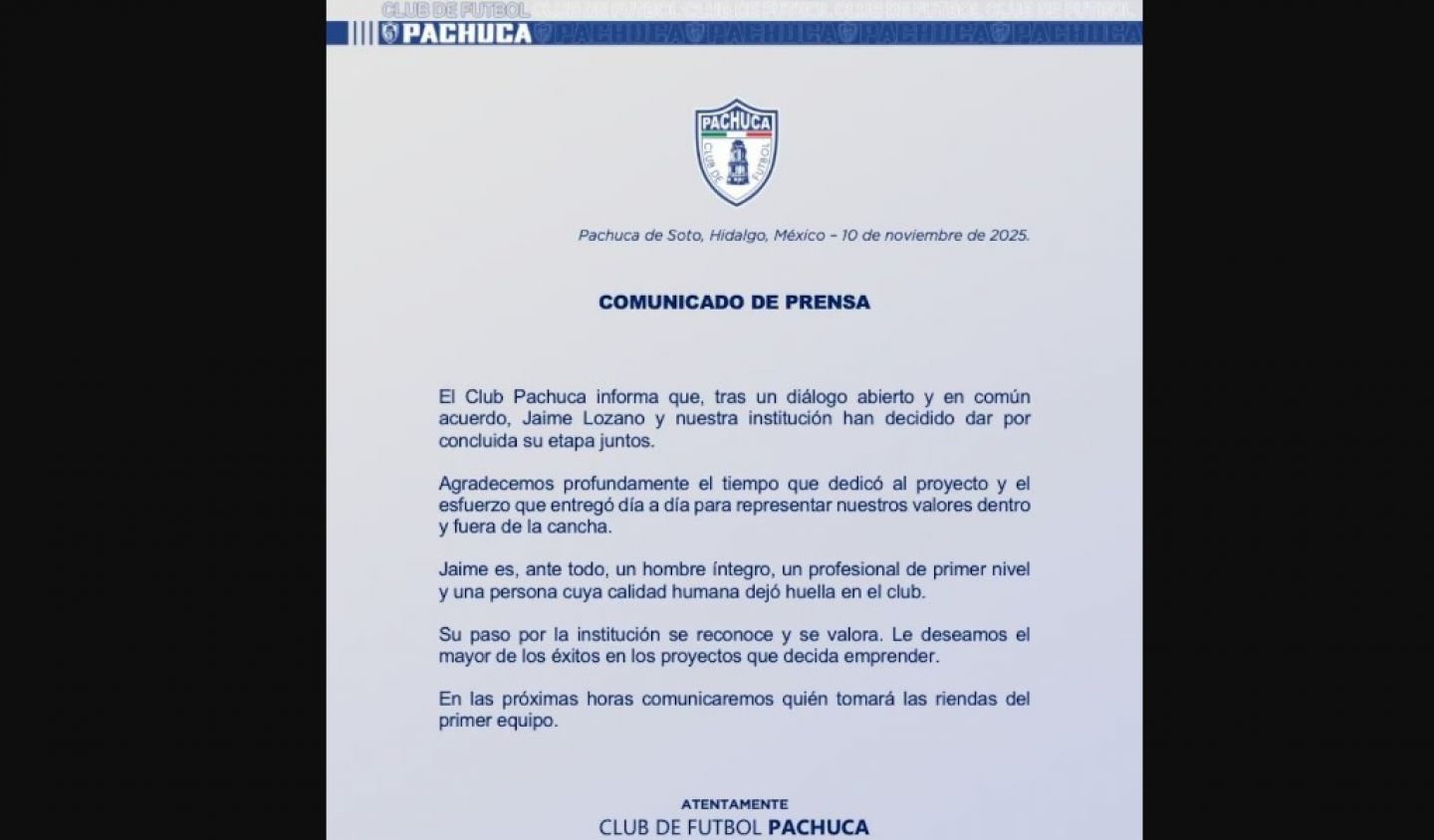 Pachuca despide a Jaime Lozano antes del Play In