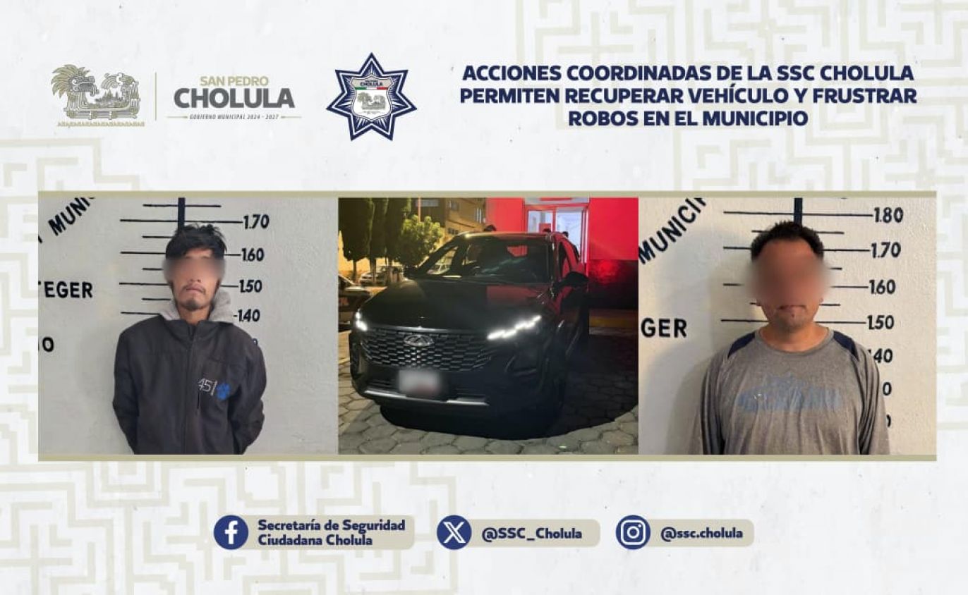 Acciones coordinadas de la SSC Cholula permiten recuperar vehículo y frustrar robos en el municipio