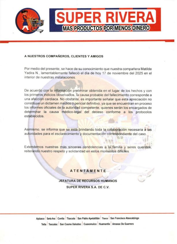 Empresa de abarrotes lamenta muerte de trabajadora al interior de sucursal en Apizaco