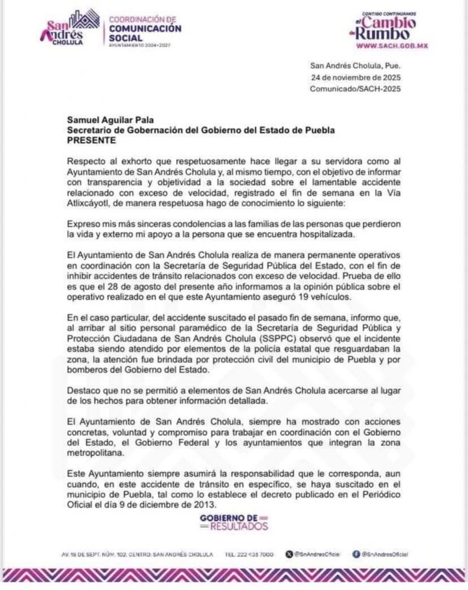Comunicado-Tras arrancones en Vía Atlixcáyotl