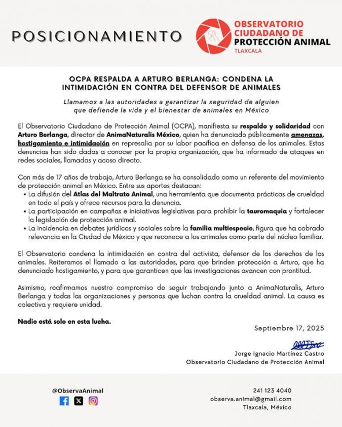 Condena OCPA amenazas en contra de director de AnimaNaturalis México