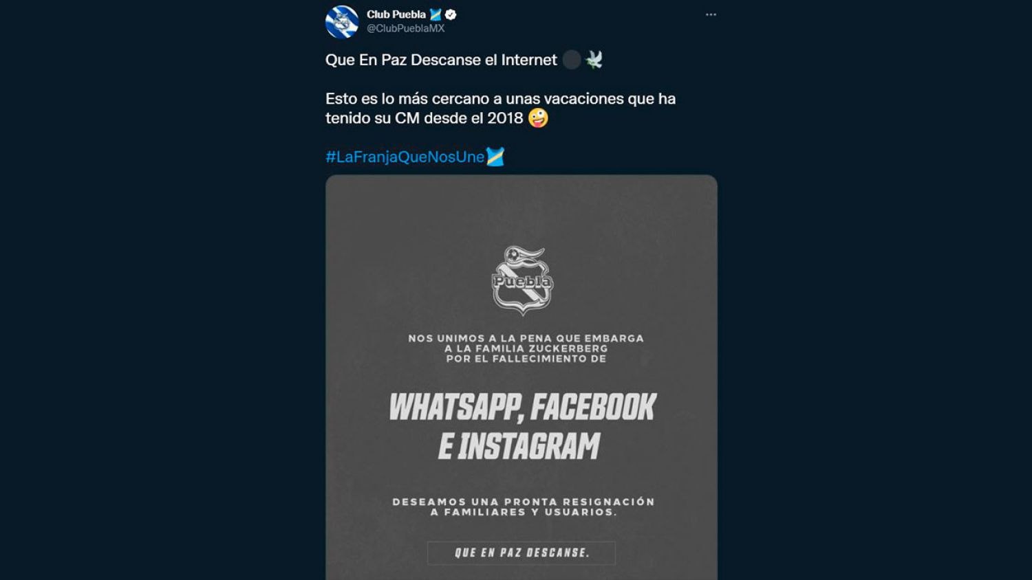 El Puebla le da el pésame a Facebook y WhatsApp tras su caída 
