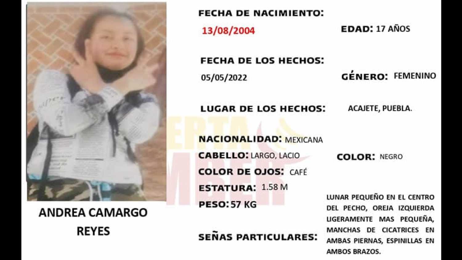 Se solicita de su apoyo para localizar a Andrea Camargo de 17 años, vista por última vez en Acajete