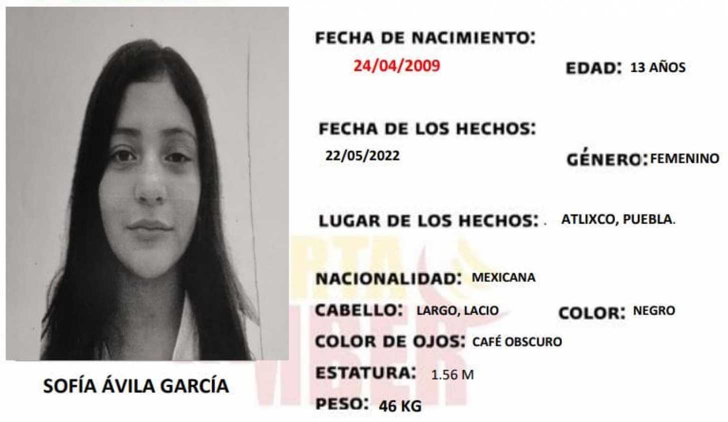 Se solicita de su apoyo para localizar a Sofía Ávila, de 13 años, vista por última vez en Atlixco