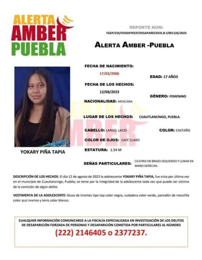 Desaparece Yokary Piña en Cuautlancingo, emiten Alerta Amber