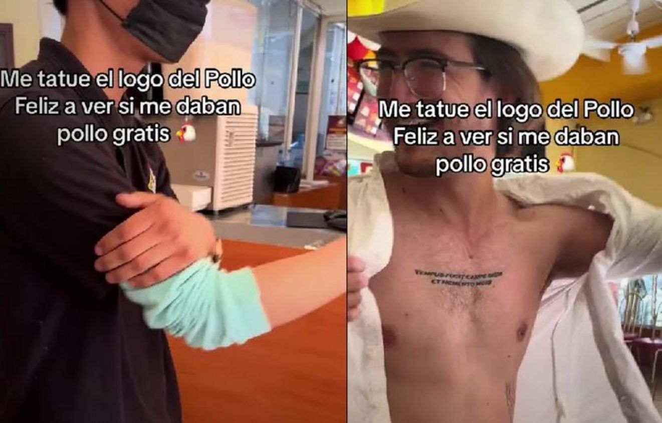 Joven se tatúa el logo de Pollo Feliz para intentar obtener comida gratis (Vídeo)