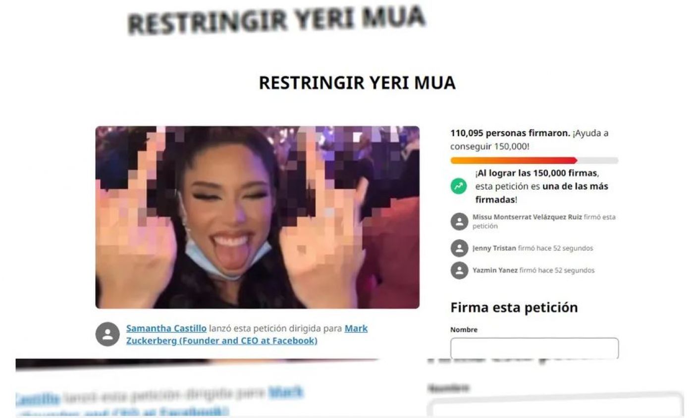 Crean petición en Change.org para cancelar a Yeri Mua; ya van más de trescientas mil firmas