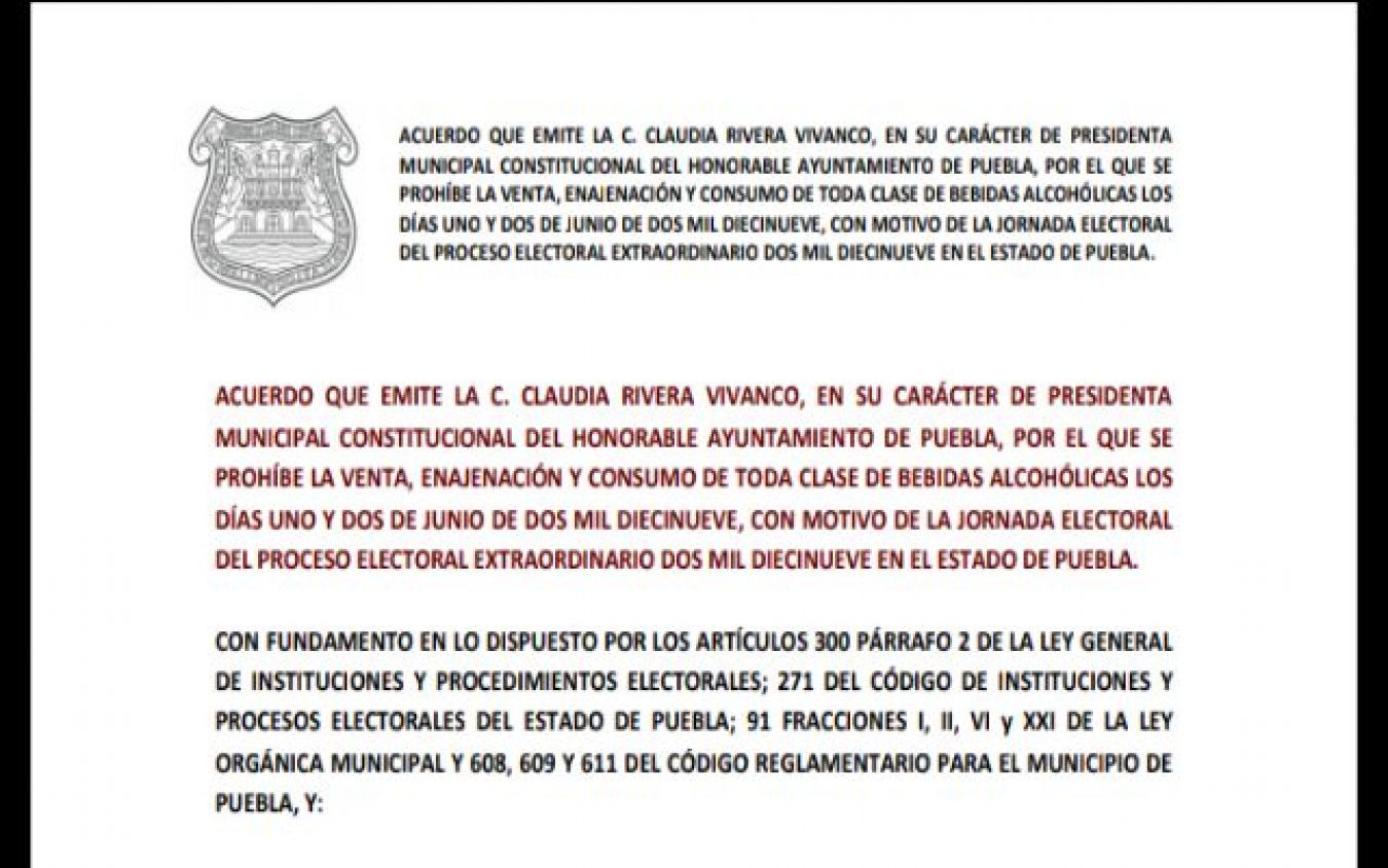 Sí habrá Ley Seca en Puebla este fin de semana