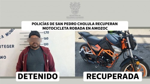 Policías de San Pedro Cholula recuperan motocicleta robada en Amozoc 