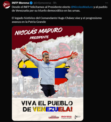 El Instituto Nacional de Morena felicita a Nicolas Maduro 