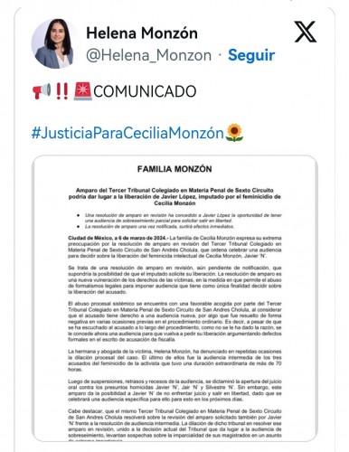 Resolución de amparo podría permitir la libertad de presunto feminicida de Cecilia Monzón
