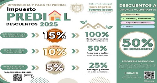 ¡Aprovecha descuentos en el pago del predial 2025 en Texmelucan!