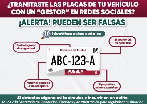 SSP Puebla alerta sobre fraudes en trámites de placas