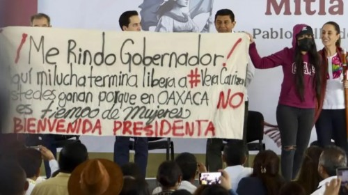 María Elena Ríos protesta frente a Claudia Sheinbaum y denuncia liberación de su agresor Juan Antonio Vera Carrizal