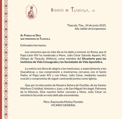 Tlaxcala es llamado al Vaticano: Obispo recibe nombramiento de Papa León XIV 
