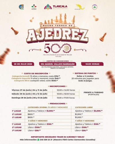 Magno Torneo de Ajedrez en Tlaxcala reunirá a jugadores de todas las edades
