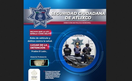 Detienen a hombre con moto robada en Atlixco