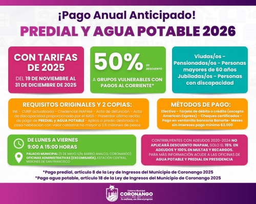 Con tarifas 2025 y descuentos, Coronango arrancará pago de predial y agua potable