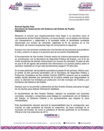 Comunicado-Tras arrancones en Vía Atlixcáyotl